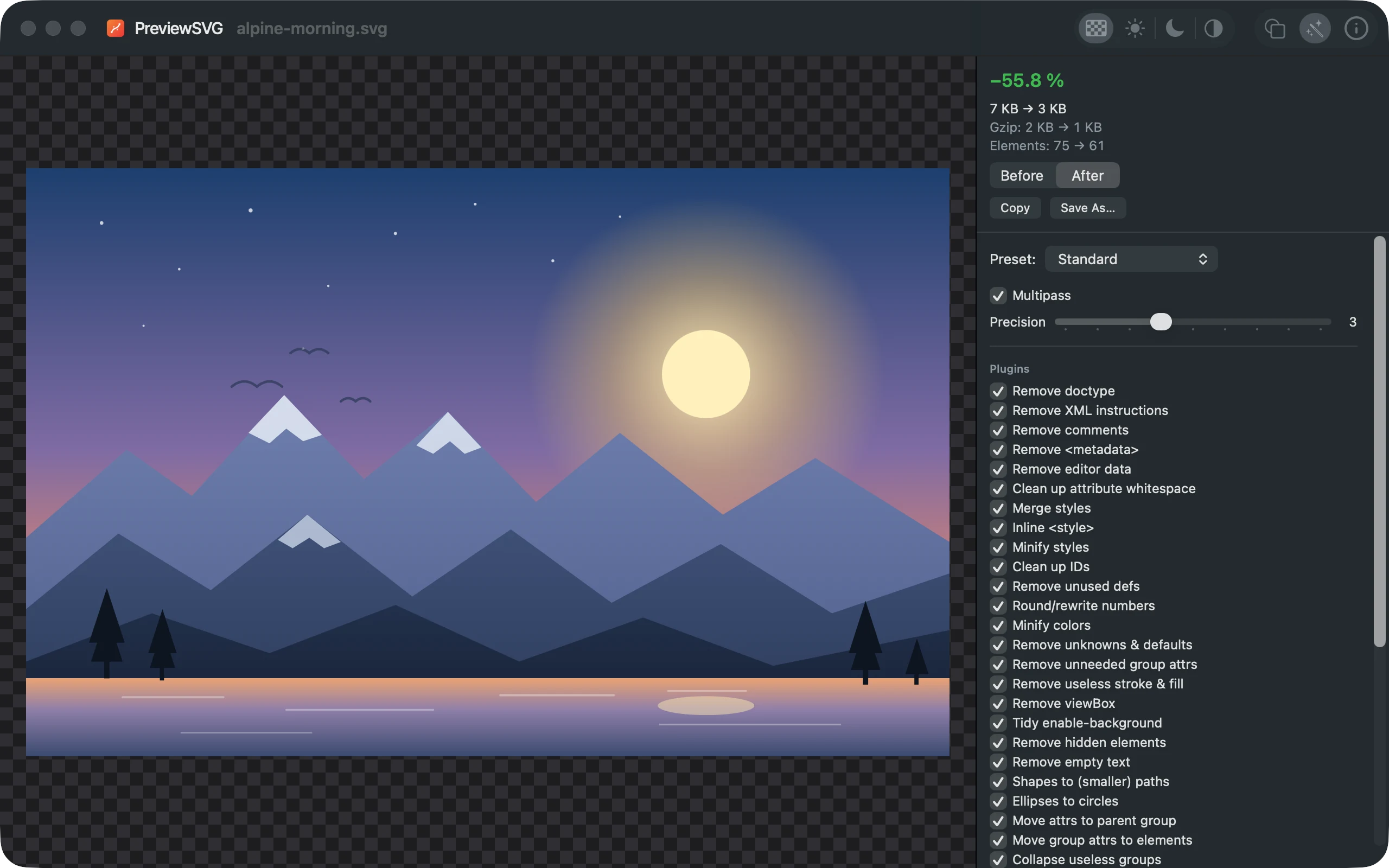 PreviewSVG showing an illustration on a checkerboard canvas with the SVGO panel open